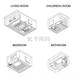 儿童房床图片_内部等轴测矢量房间客厅厨房卧室