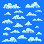 卡通白云不同云朵形状的蓝天可爱的夏季云景多云的景观简约的自然空中全景矢量漫画集卡通白云不同云朵形状的蓝天可爱的夏季云景云朵