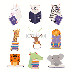儿童阅读图片_大设置与可爱的动物阅读书籍孤立