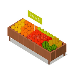 维生素丸e图片_商店里的水果展示等距矢量图。