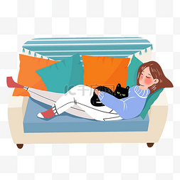 冬季沙发少女躺在沙发上黑猫