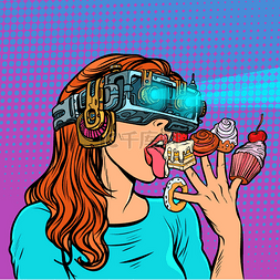 妇女在虚拟现实眼镜吃甜食