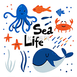 海洋生物水下动物集合体。红螃蟹、鲸鱼和鱼、可爱的海星和章鱼、海洋涂鸦集、卡通印刷品或海报、儿童设计元素向量隔离集