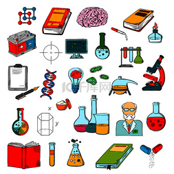 医学实验图标图片_素描书、显微镜、科学家、计算机