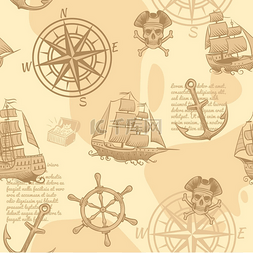航海船手绘图片_复古航海无缝图案手绘海洋老素描