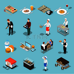 披萨厨师图标图片_快餐隔离图标设置服务员厨师客人