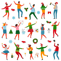 雪人跳舞图片_圣诞派对上人们庆祝的场景向量一