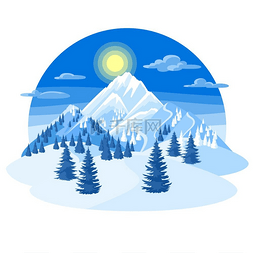 太阳落山的图图片_与雪山和冷杉林的冬季景观。