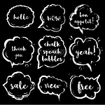 Chalk speech bubbles set with short phrases(hello, wow, bon appetit, thank you, yeah, sale, new, free). Vintage hand drawn vector illustration.Isolated elements.