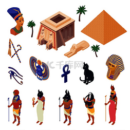 埃及文化符号地标和景点等轴测图