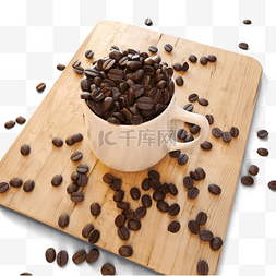 咖啡木板图片_装满咖啡豆的陶瓷杯