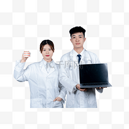 双人青年男女医生拿笔记本电脑假