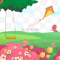 红色花朵风筝和秋千春季花卉风景