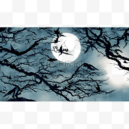 夜色天空图片_树梢上的月亮水墨