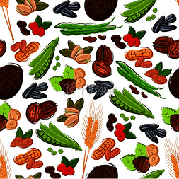 坚果图案开心果图片_坚果、谷物、果仁和浆果无缝背景