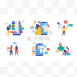 手机登陆页图片_人们使用小工具。一组图标，插图