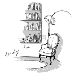 书架椅子图片_阅读时间。在家里一个安静舒适的