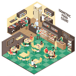 游客png图片_等距图快餐餐厅内部美食广场构图