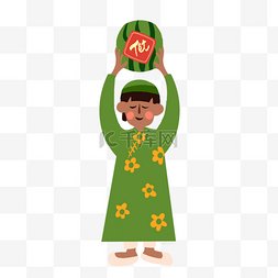穿着绿色传统服装举着西瓜的越南