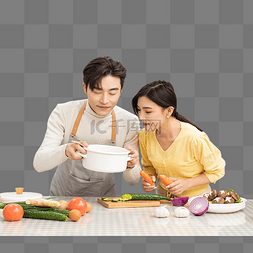 情侣做饭图片_家庭生活一对年轻夫妇厨房里一起