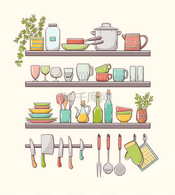 dish图片_Hand drawn kitchen shelves with color