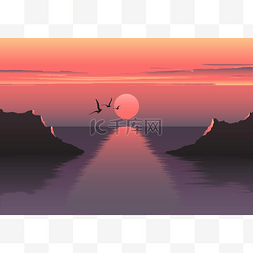 Vector horizontal illustration of sunset over