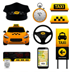 黄色出租车标志图片_带应用程序和司机帽矢量插图的隔