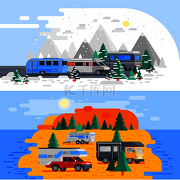 矢量冬季旅游素材图片_两个水平彩色休闲车组合，配有冬