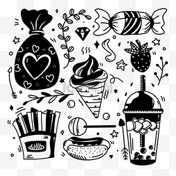 甜品饮料食物单线黑白涂鸦