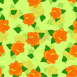 黄色玫瑰绿色叶子无缝图案用卡通