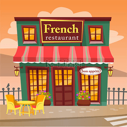 法式餐厅，带桌椅的露台，城市午