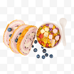 早餐蓝莓切片面包和燕麦酸奶块