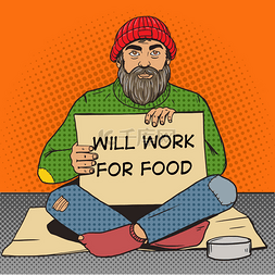 复古的帽子图片_Homeless man with paper sign pop art vector