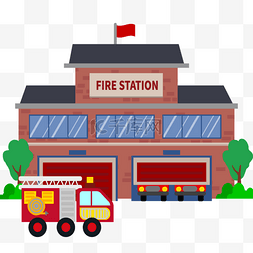 红色矢量建筑素材图片_消防站卡通建筑消防车组合