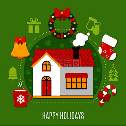 快乐的圣诞假期在家平面构图绿色