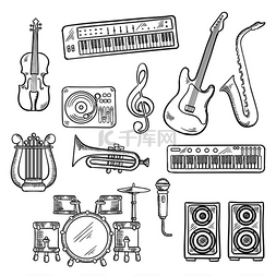 乐器素描图片_乐器和设备素描电吉他、麦克风和