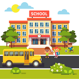 卡通school图片_School building, bus and students children