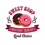 甜甜圈店复古卡通徽章搭配巧克力和粉红色磨砂甜甜圈，辅以复古丝带横幅、旋转线条和甜品店标题。