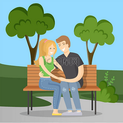 坐板凳上的人图片_情侣在户外约会坐在长椅上。