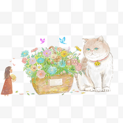 猫与鲜花女孩