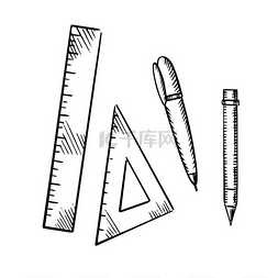 铅笔、圆珠笔、三角形和标尺图标