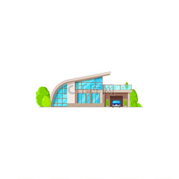 白色的房子卡通图片_乡间别墅、带露台和车库、屋顶和