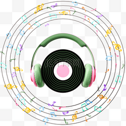 立体绿色背景图片_3d抽象耳机和音乐符号