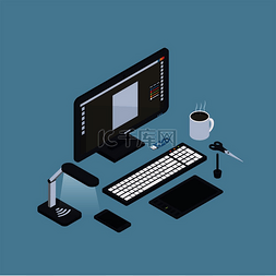 台式电脑和键盘图片_等距工作场所背景与台式电脑显示