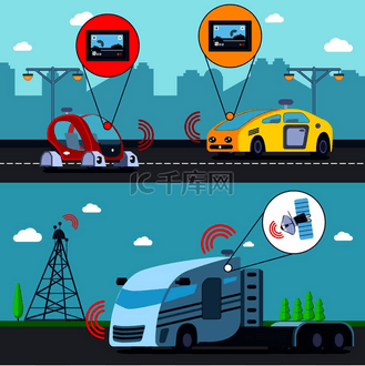 路上汽车高清图片大全_道路上的自主无人驾驶车辆 2 平面水平横幅与 gps 控制卡车和汽车矢量图。