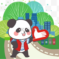 插画分层图片_手绘卡通熊猫志愿者社区垃圾分类