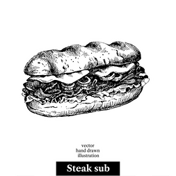 牛排美食手绘矢量图片_手绘牛排三明治矢量黑白复古插图