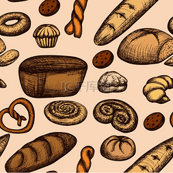 手绘烤面包图片_面包店无缝模式与手绘糕点面包饼