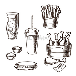 快餐小吃和饮料素描图标与外卖炸