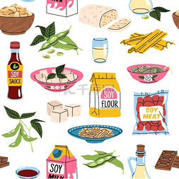 卡通素食图片_大豆制品无缝图案重复的大豆食品
